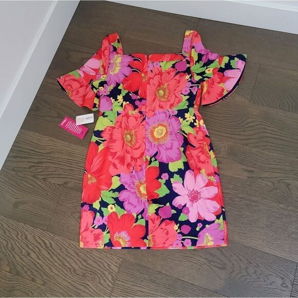 🆕️ Trina Turk Kanan Square Neck Ruffle Sleeve Shift Dress Red Pink Poppy Floral - Picture 7 of 12